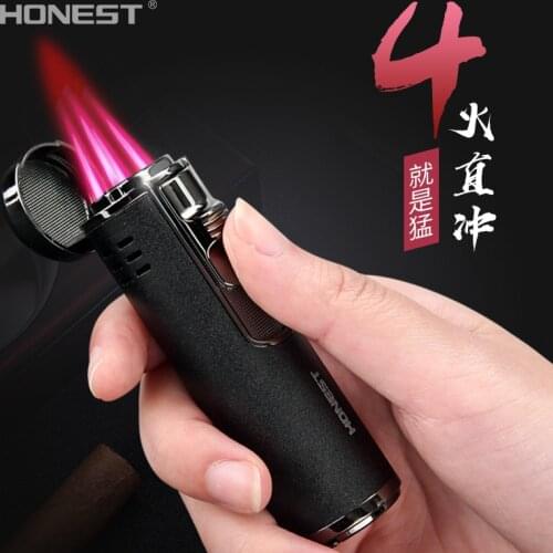 Honest New Cylindrical Metal Inflatable Lighter Four Fire Direct Injection Butane Red Fire Lighter Cigar Cutter Gadget 1300C