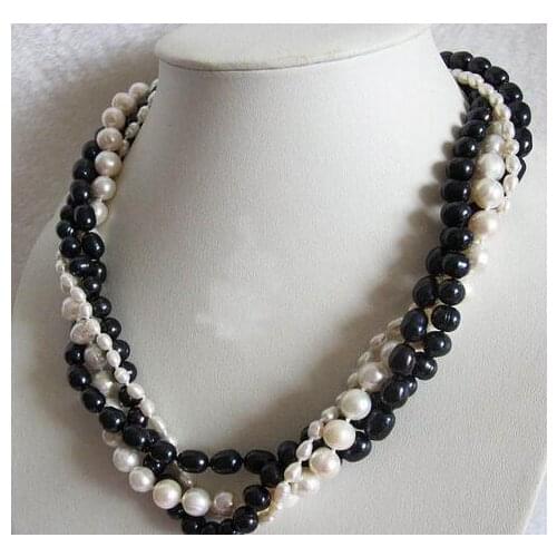 17" 4-10mm 4Row White Black Freshwater Pearl Necklace Strands