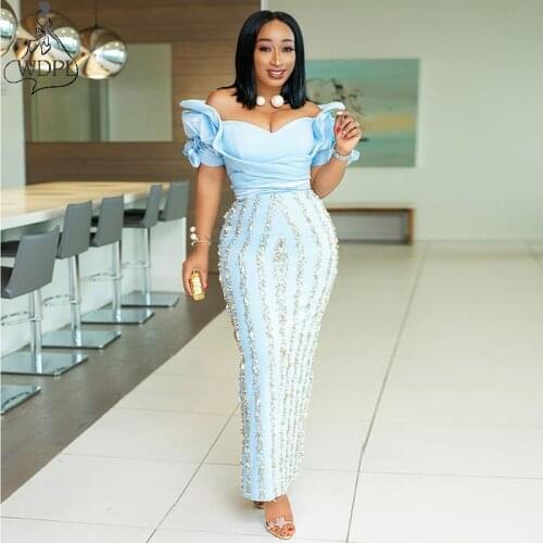 African Plus Size Baby Blue Sheath Evening Dress Off the Shoulder Beads Back Slit Ankle Length Prom Dresses Gown abendkleider