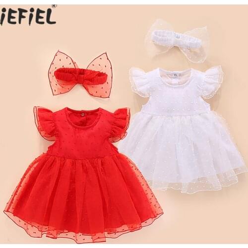 Newborn Baby Girls Dresses Infant Kids Clothes Baby 1st Birthday Party Princess Tulle Mesh Dress Headband Summer Clothes