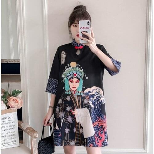 Plus Size Summer Clothes Fashion Chinese Style Vintage Lady Print Cheongsam Elegant Woman Flare Sleeve Chinese Dress Qipao 12169