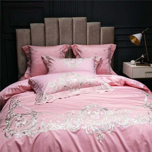 Luxury Pink 100S Egyptian cotton Embroidered Bedding sets Queen King Princess Duvet cover Bed sheet set Pillowcases 4/6pcs Blue
