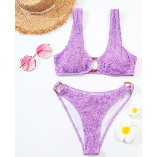 Sexy Purple Bikinis 2021 Mujer Ruched Swimwear Ring Women Push Up Swimsuit High Cut Biquinis Bathing Suit Two Piece Bikini Set