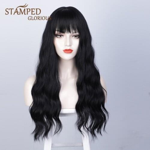 Stamped Glorious 26inches Natural Wave Long Wig Black Wig With Bangs Synthetic Wigs for Black Women Heat Resistant Fiber