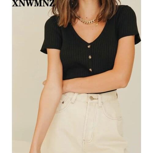 XNWMNZ za High quality Fashion Black Crop Top Slim Knitted women tshirt harajuku Center Buttons Cropped t shirt gothic T-shirt