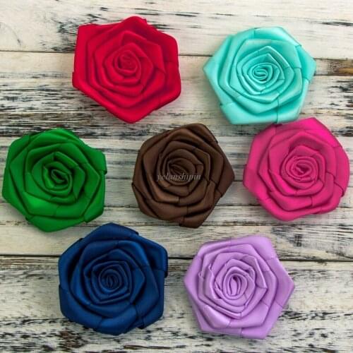 10pcs/lot 2.4" 20colors Hair Clip Ruffled Satin Ribbon Rolled Flower For Hair Accessories Artificial Fabric Flowers For Headband