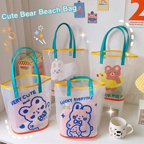 Beach Bag Tote Bags High Capacity Transparent Shopping Shoulder Bag Waterproof Mesh Cute Cartoon Bear Rabbit Handbag for Girls