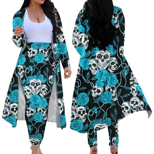 Jackherelook Blue Rose Sugar Skull Print Plus Size Women 2 Piece Long Pants Open Front Maxi Long Cardigan Ladies Club Outfits