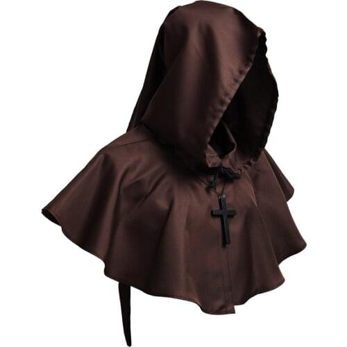 Adult Medieval Costume Hooded Short Cloak Tail Cross Solid Color Halloween Cape Witch Wizard Cosplay Party Props