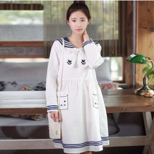 Womens Dress Sailor Collar Japan style Cat Embroidered Pocket Long Sleeve Dress Preppy Style Dresses for Girls Kawaii vestidos