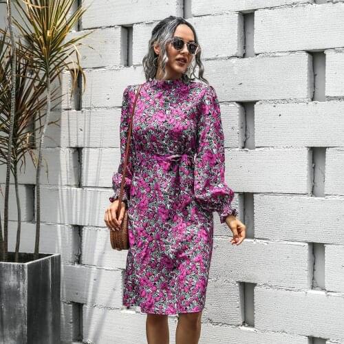 Women Vintage Floral Print Dress Lantern Sleeve Stand Collar Midi Dress Ladies Elegant Bow Bandage Bohemian Pencil Dress Autumn