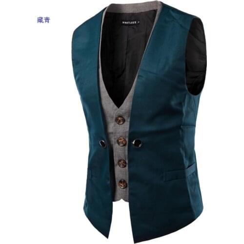 New spring summer man individual character grid splicing false two single breasted leisure 5 color vest