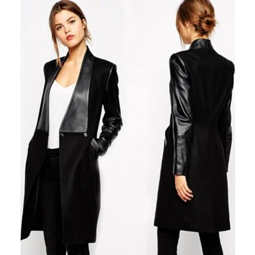 Winter Jackets Coats Women Leather Patchwork Slim Long Sleeved Knitted Wool Coat Chaqueta Mujer Female Overcoat