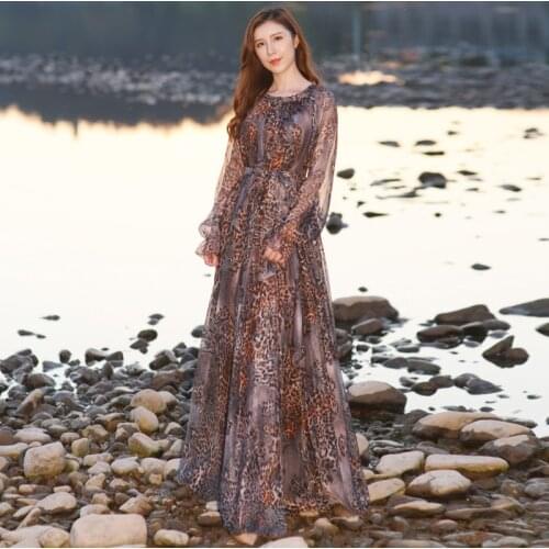 2021 Leopard print Long Sleeve Maxi Dress Plus Size Casual Bohemian Chiffon Beach Holiday Bangkok Dress Wedding guest dress