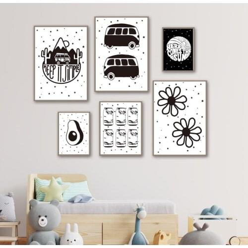 Car Flower Sun Black White Cartoon Nursery Wall Art Canvas Painting Nordic Posters And Prints Wall Pictures Baby Kids Room Decor