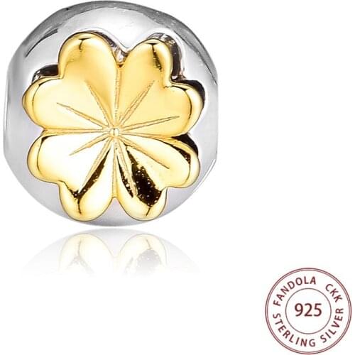 Fandola Shining Clover Clip Charms 925 Sterling Silver Stopper Beads for Jewelry Making Fits Europe Bracelet berloques kralen