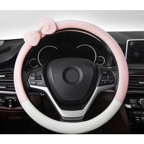 38CM Car Steering Wheel Cover Super Feel Microfiber Leather Steering Wheel Case Crystal Bow Decoration Car Accessories for Girls