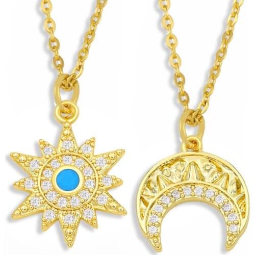 FLOLA White Stone Sun And Moon Necklace For Women Crystal Gold Chain Crescent Horn Clavicle Necklace Pendant CZ Jewelry nkes81