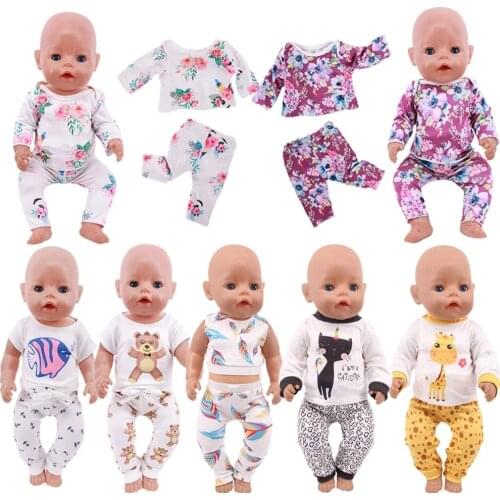 Cartoon Long Sleeve T-shirt Cat/Flower Pajama Fit 18 Inch American 43cm New Born Baby Items Doll Clothes Girls Toys,Generation