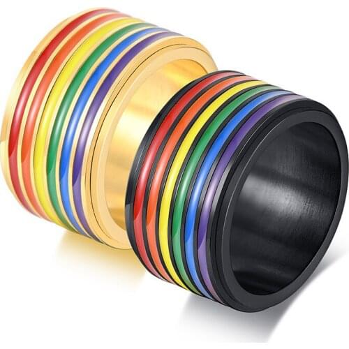 LETAPI Punk Spinner Ring for Men Black Gold Color Stainless Steel Rainbow Wedding Bands Pride LGBTQ Wedding Jewelry Gift