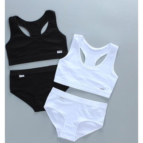 Girls' Bra Set Developmental Pure Cotton Vest Type Solid Color Sports Bottoming Underwear Set Set 8-16Y