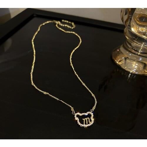 Korean Mosaic Rhinestone Bear Head Letter M Pendant Women Fashion Necklace Delicate Sweater Chain Jewelry Female Clavicle Chain
