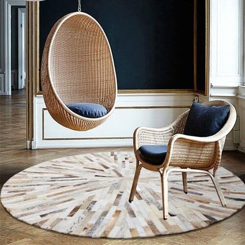 Luxury cowhide seamed striped round rug , round shaped real cow skin patchwork carpet for living room bedroom decoration rug