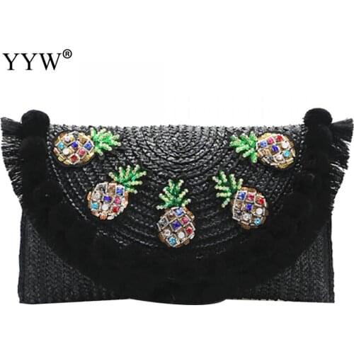 Hot Selling Straw Weave Crossbody Black Beige Bag Fruit Embroidery Chain One Shoulder Bag Bohemia for Summer Travel Vocation