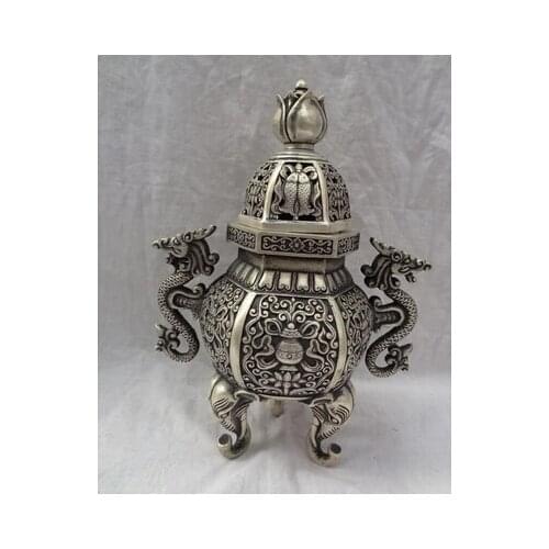 Copper Brass CHINESE crafts decor Asian voge joya S4821 12 " Tibet Silver 8 auspicioso del estatua de loto quemador de incienso