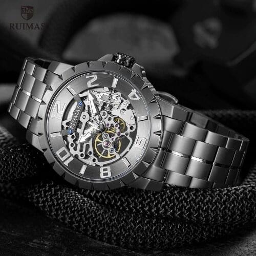 RUIMAS Luxury Watches Men Top Brand Automatic Mechanical Watch Stainless Steel Waterproof Business Wristwatch Skeleton Relogios