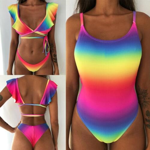 NEW Women Padded Bikini Set Brazilian Rainbow Monokini Swimwear Swimsuit Bathing Suit Beachwear Push Up Bikini Set