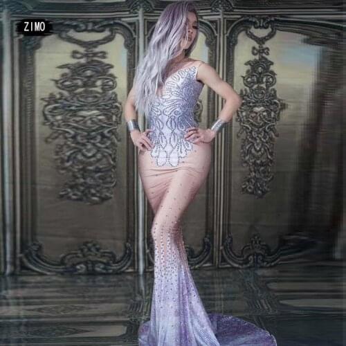 Sexy Crystals Mermaid purple Rhinestone Dress Birthday party Celebrate long Dress stage drag queen Costume Dance christmas women