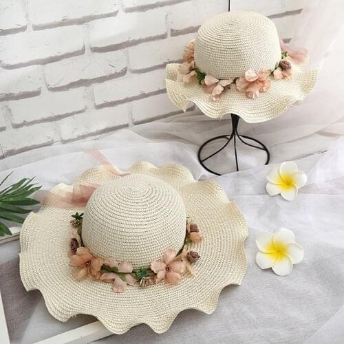 New Summer Parent-child flower band ribbon straw hat Kids princess baby floral sun hat Women weave panama gorros