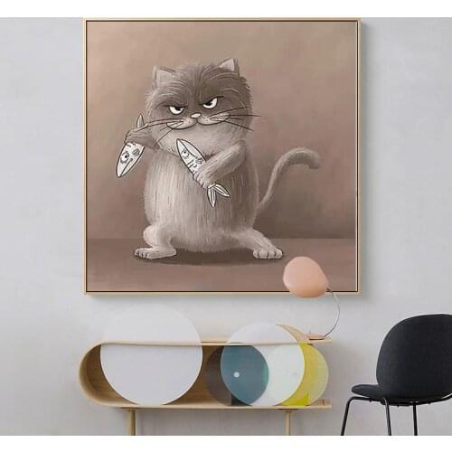 Modern Art Cartoon Creative Cat Wall Art Posters and Prints Oil on Canvas Painting Wall Art Picture for Living Room Home Decor
