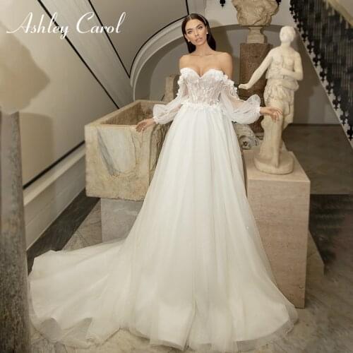 Ashley Carol A-Line Wedding Dress 2021 Glamorous Sweetheart Puff Sleeve Bridal Beaded Lace 3D Flowers Backless Beach Bride Gown