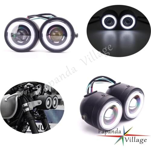 LED Black White Double 3.5" Dominator Twin Headlight Side Mount DRL Lighting for Scrambler Chopper Bobber Cruiser Cafe Racer
