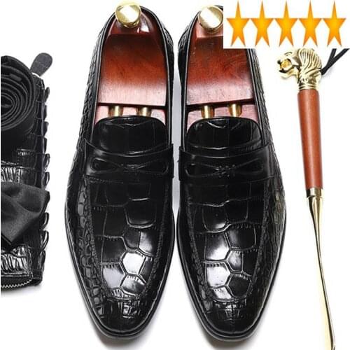 Formal 2021 Business Summer Mens Slip-On Crocodile Pattern Men British Style 100% Genuine Leather Shoes Wedding Loafers