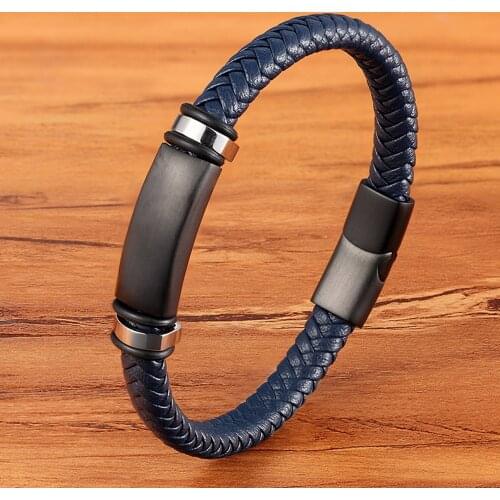 TYO New Fashion Stainless Steel Clasp Leather Men Bracelets Woven Rope Bangles For Men Birthday Charm Jewelry Gift Engrave Logo