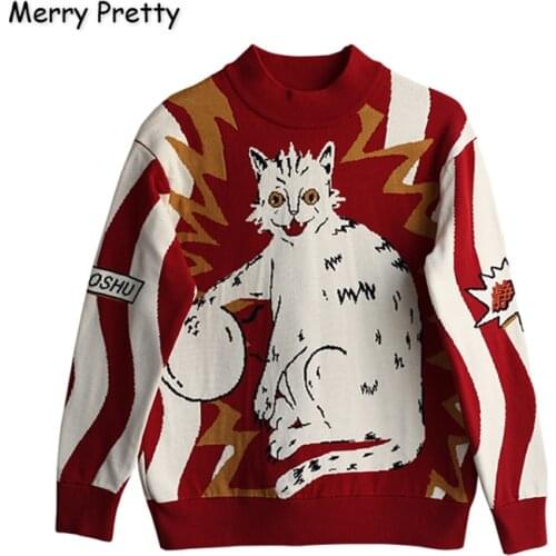 XUANHAO Women Cartoon Cat Embroidery Knitted Sweaters And Pullovers Winter Thick Girls Knit Jumpe Harajuku Sweater Jacquard