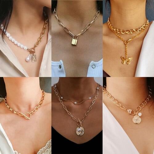 Lock Necklace for Women Twist Gold Silver Color Chain Necklaces Party Jewelry Cuban Multilayered Chunky Thick Choker Necklaces
