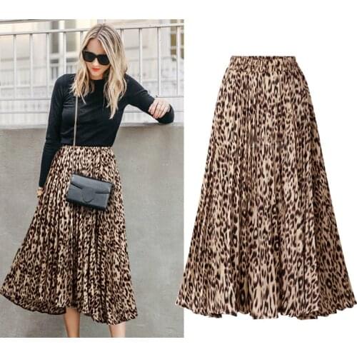 Plus Size Leopard Print Skirts Womens 2020 New Spring Autumn Elastic Waist A Line Pleated Midi Skirt Casual Streetwear
