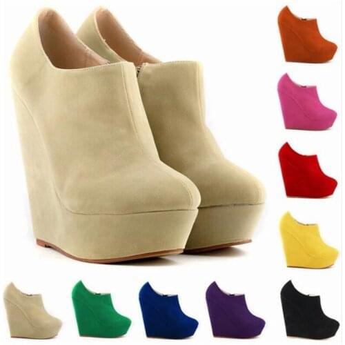 Sexy Pumps Wedding Women Fetish Shoes Party Round Toe Flock 14CM Wedges High heels Slip On waterproof zapatos de mujer size35-42