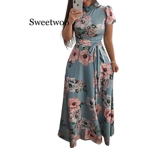 Women Summer Dress 2020 Casual Short Sleeve Long Dress Boho Floral Print Maxi Dress Turtleneck Bandage Elegant Dresses Vestido
