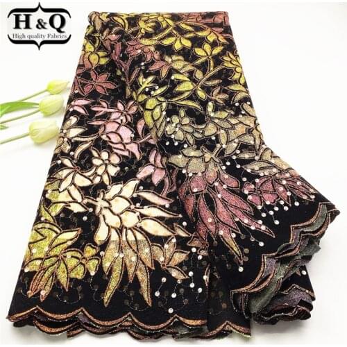 H&Q 5 Yards African Velvet Lace Embroidered French Telle Lace Nigerian Tulle Net Fabric Mesh Garment Clothes With Sequins Fabric