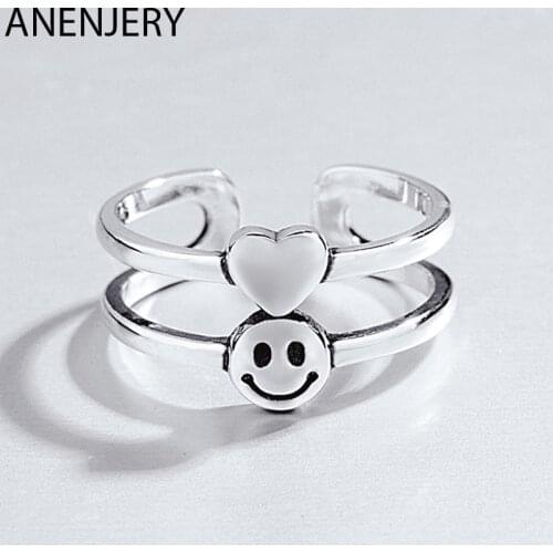 ANENJERY 925 Sterling Silver Vintage Double Layer Love Heart Smiling Face Thai Silver Rings Adjustable S-R507