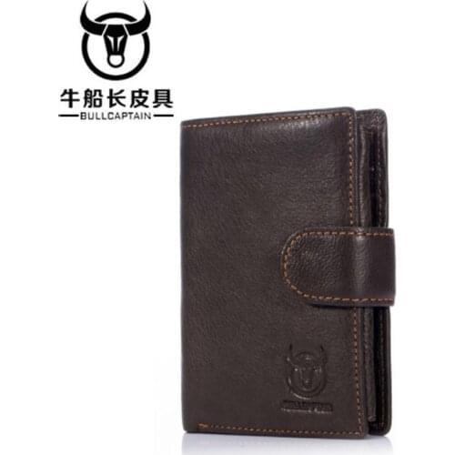 BULLCAPTAIN 2018 Men Coffee Cow Leather Wallet casual Short Trifold Hasp Zipper Wallet Money Purse Bag Card Holder Coin Pocket