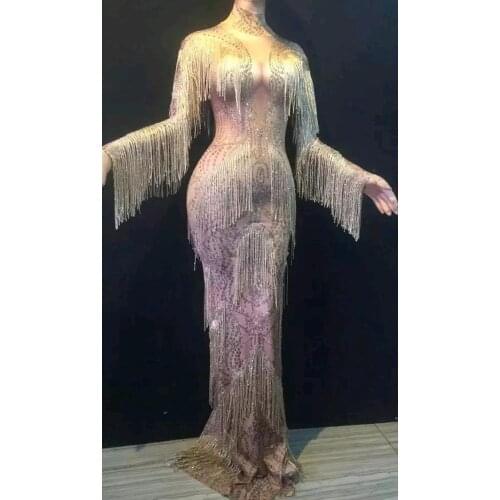 Designer Rhinestone Tassel Party Long Dress Women Sexy Stretch Fringes Dress Birthday Celebration Dresses Stage Costumes