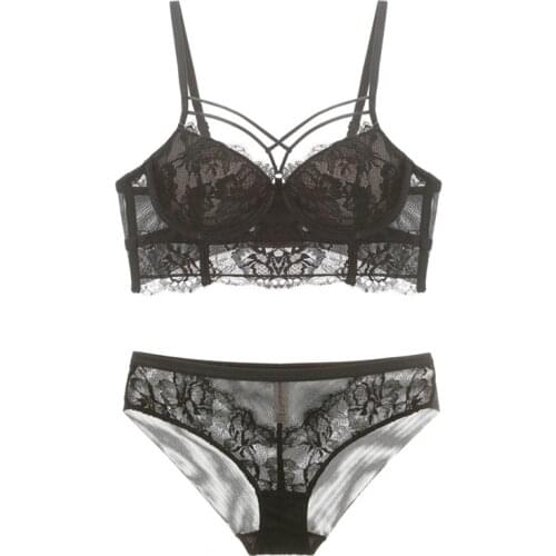 Sexy Lace Bandage Bra Broadside Push-Up Bra and Panties Set Lacy Underwear Sets Women Lingerie White Blue Black 2019 Brassieres