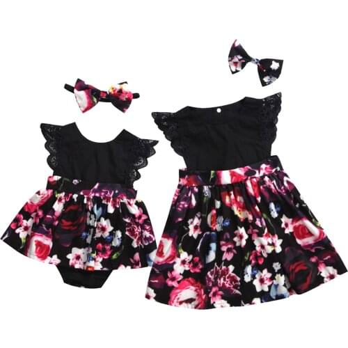 Newborn Baby Girls Sister Family Matching Sets Lace Ruffled Sleeveless Floral Print Romper/Dress +Headband 2PCS 0-6Y
