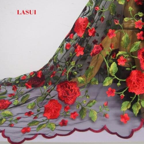 LASUI TOP quality Skirt dress fashion cloth good-look Black mesh Rose embroidery lace fabric diy embroidered X0106